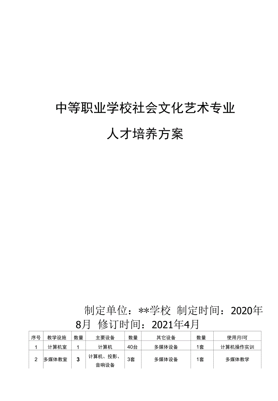 中等职业学校社会文化艺术专业人才培养方案（中职）_第1页