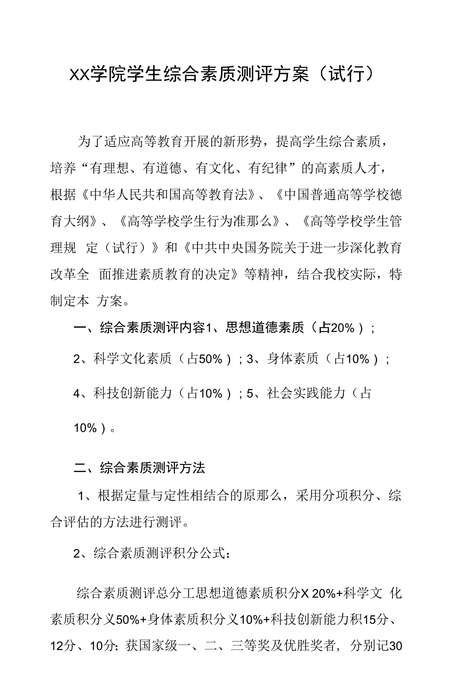 大学学院学生综合素质测评方案(试行)_第1页