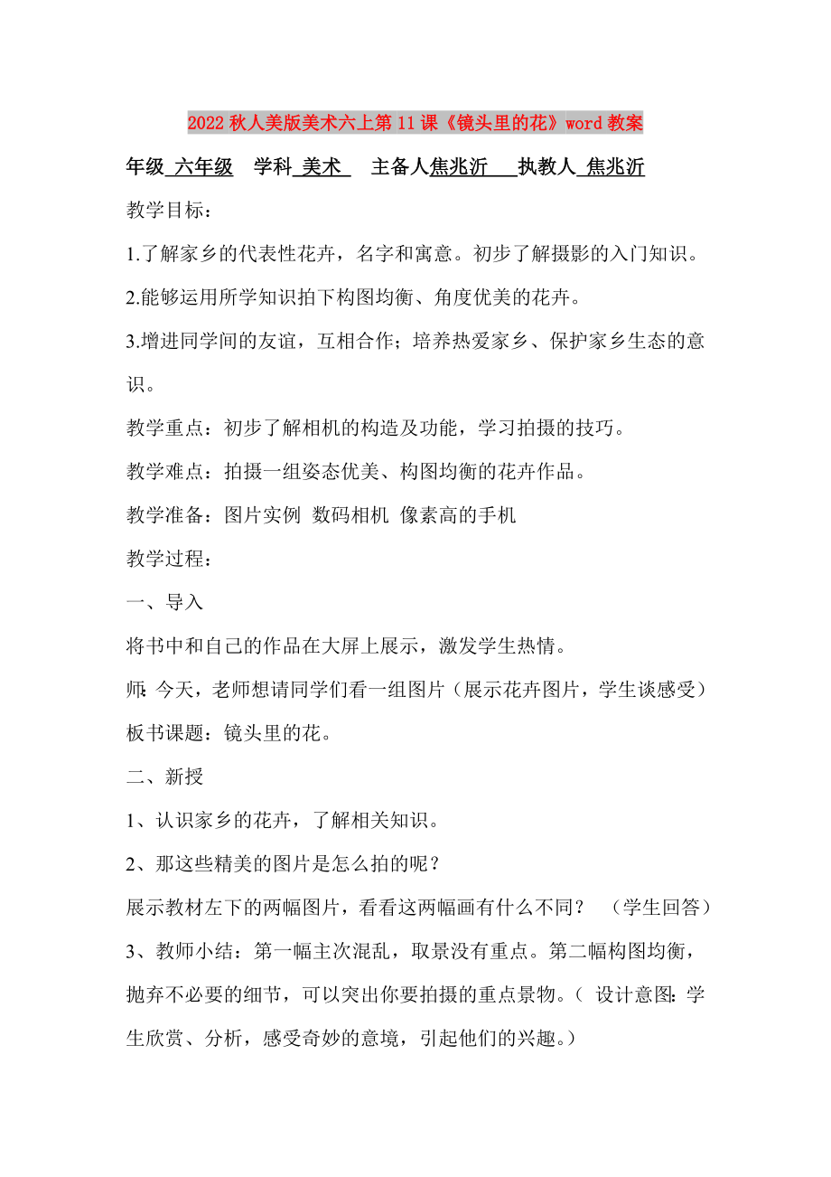 2022秋人美版美术六上第11课《镜头里的花》word教案_第1页