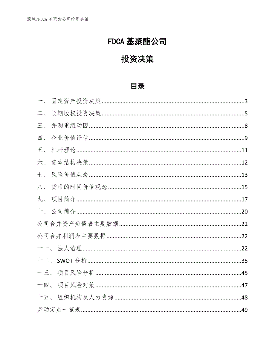 FDCA基聚酯公司投资决策（范文）_第1页