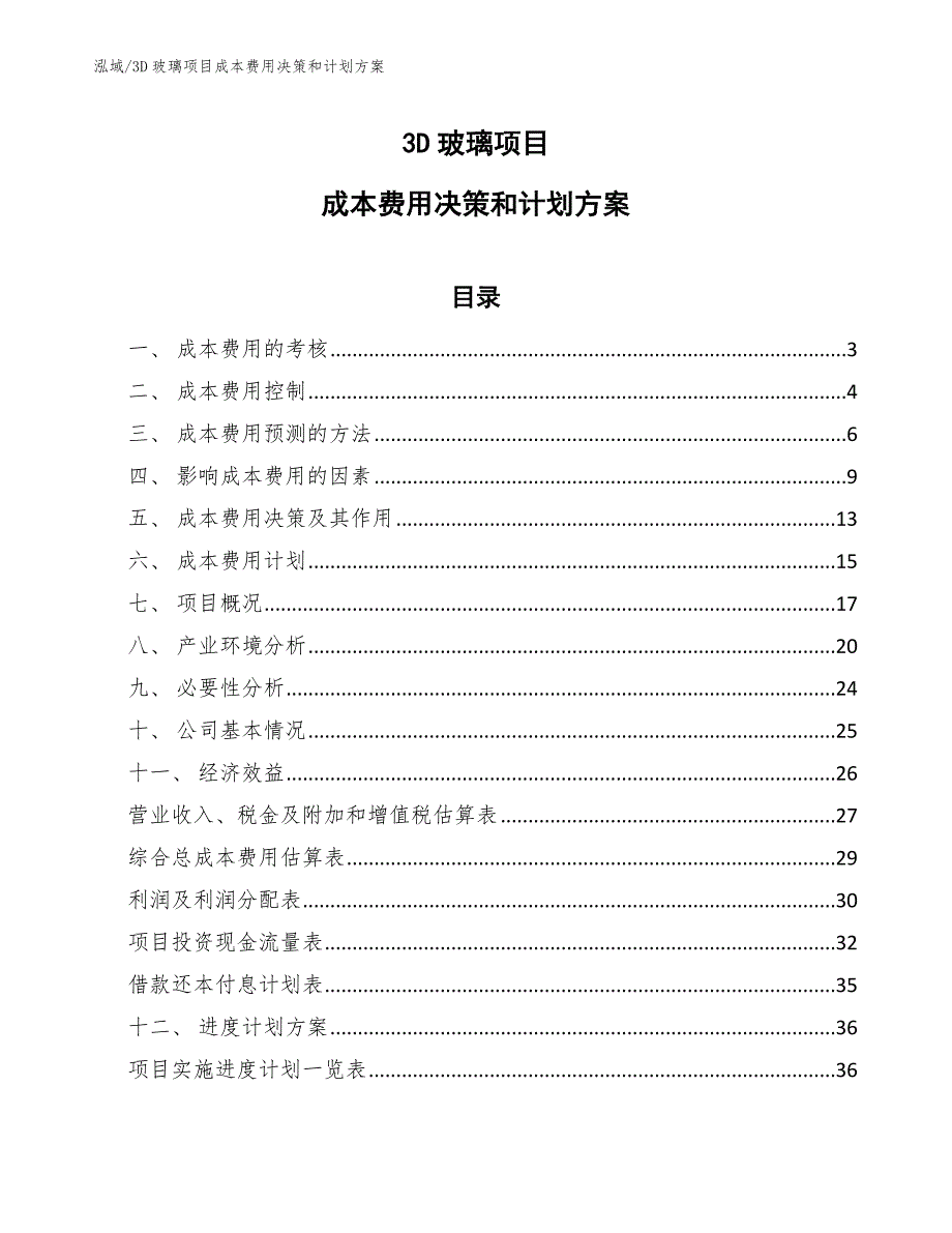 3D玻璃项目成本费用决策和计划方案（参考）_第1页