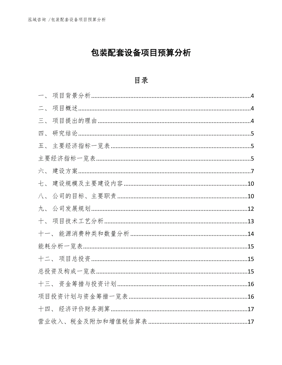 包装配套设备项目预算分析-（范文模板）_第1页