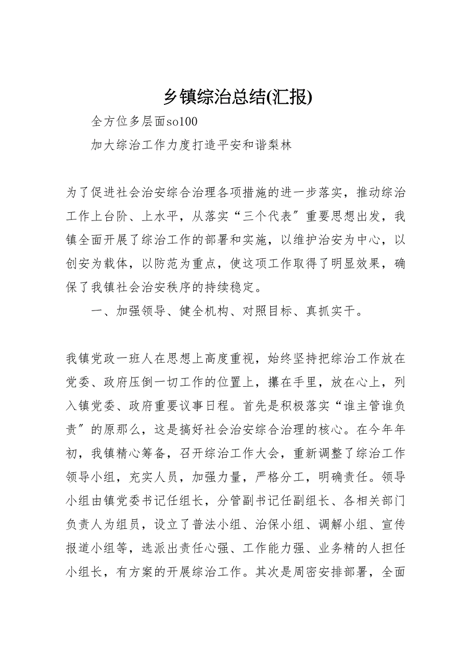 2022年乡镇综治总结(汇报)汇报范文_第1页