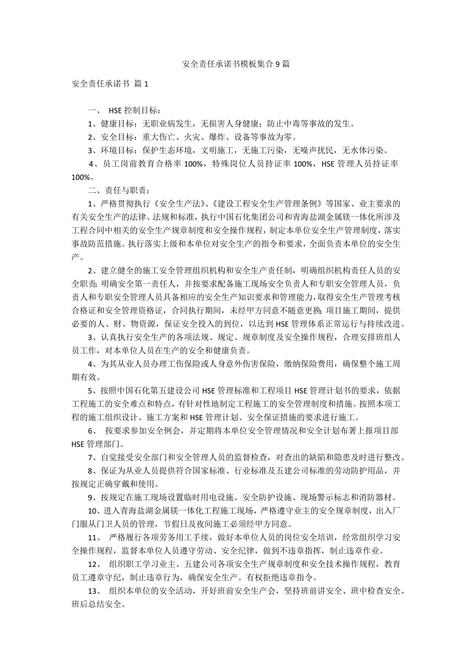 安全责任承诺书模板集合9篇_第1页