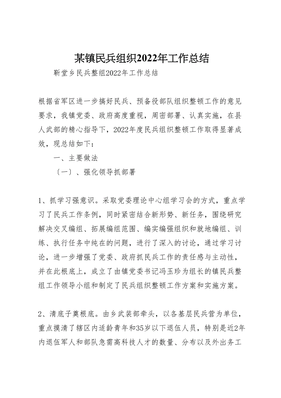 某镇民兵组织2022年工作总结材料_第1页