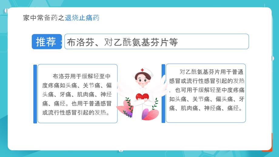 专题课件简约卡通医学医疗护理常备家用医药箱通用汇报PPT模板_第4页