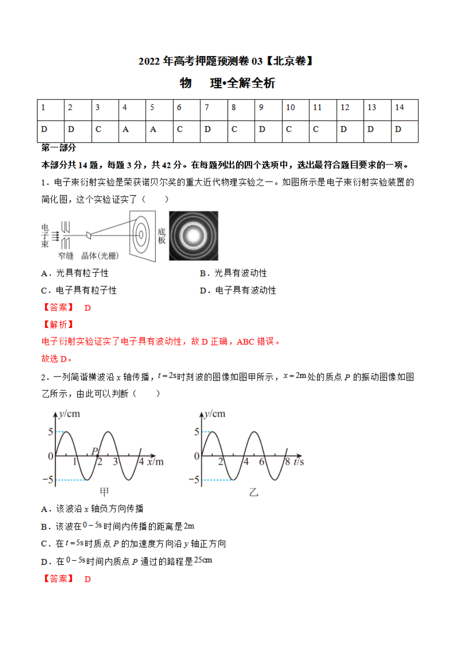 2022届高考物理押题预测卷03（北京卷）（全解全析）_第1页