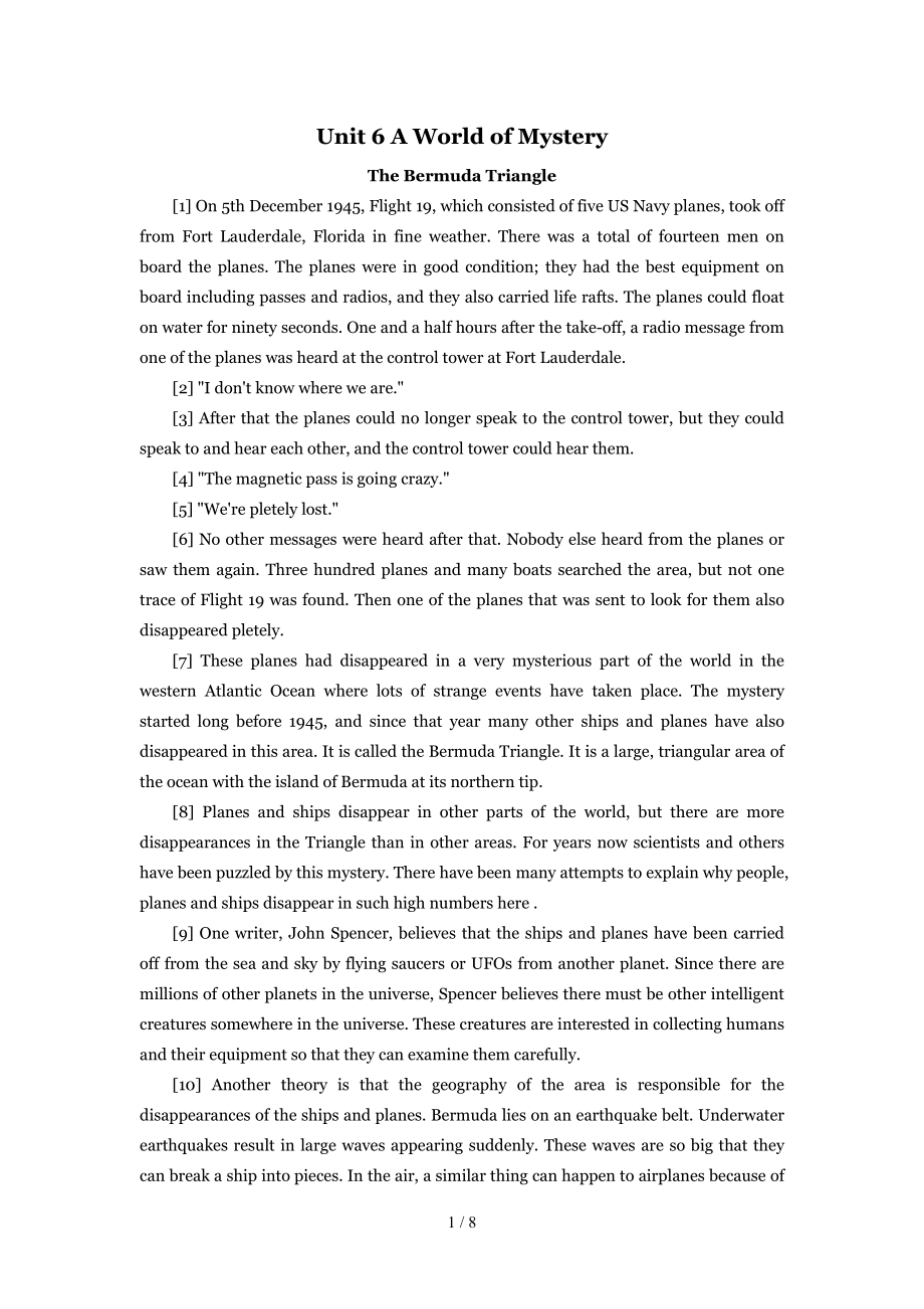 Unit-6-A-World-of-Mystery新编大英语第二版第一册课文翻译_第1页