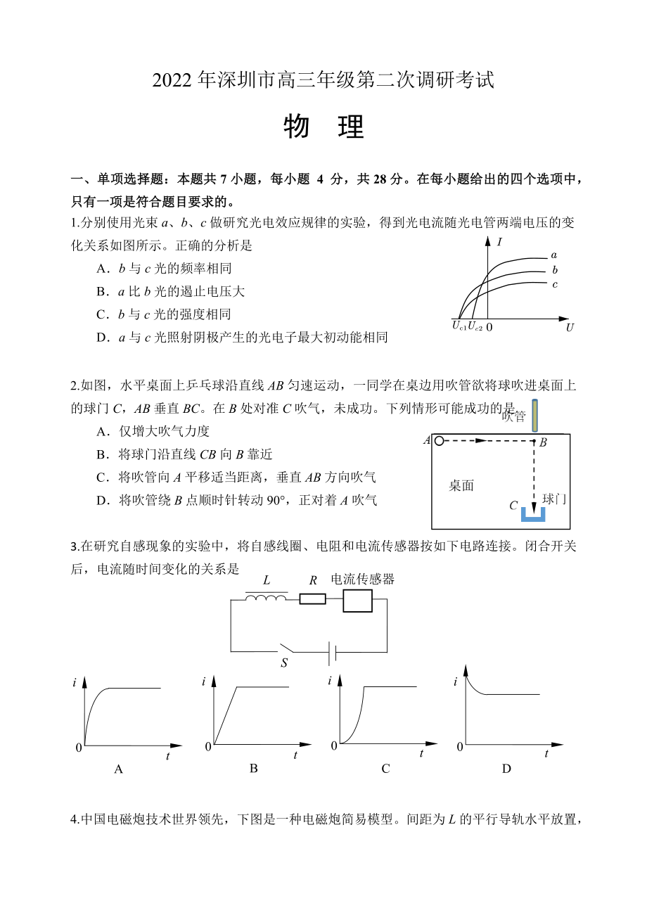 2022年深圳市高三年级第二次调研考试物理_第1页