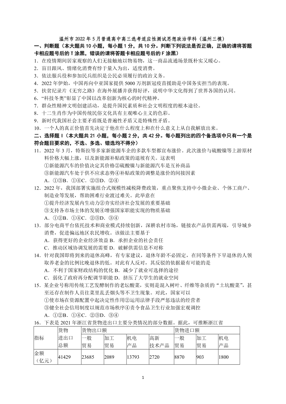 2022浙江省温州市5月高考适应性测试（三模)-政治试题_第1页