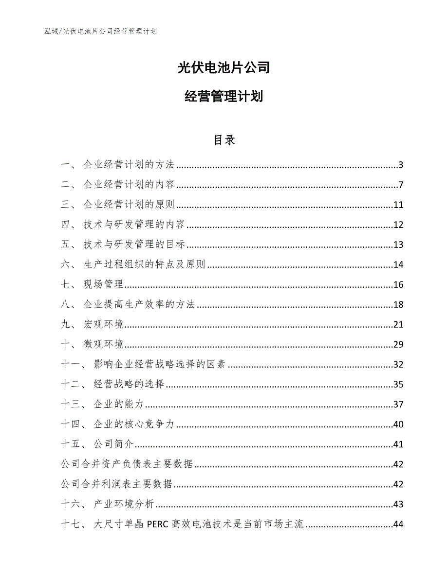 光伏电池片公司经营管理计划（参考）_第1页