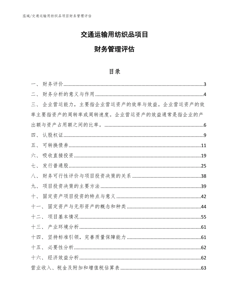 交通运输用纺织品项目财务管理评估_第1页