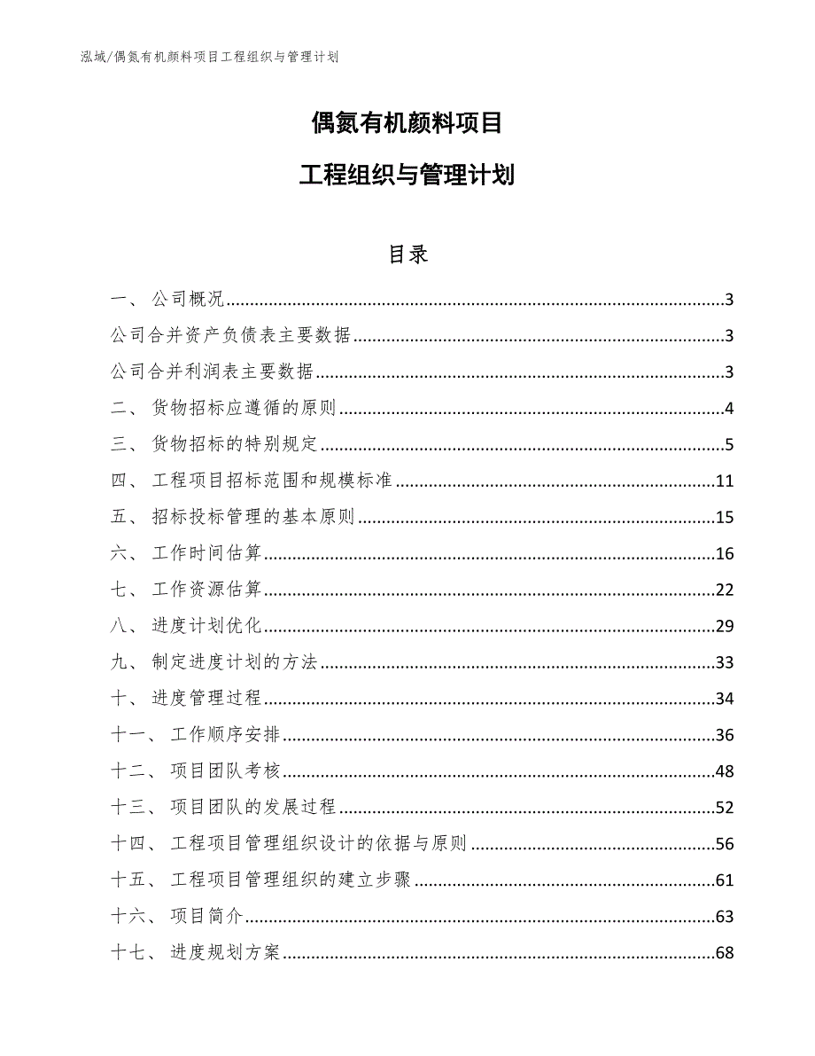 偶氮有机颜料项目工程组织与管理计划（参考）_第1页