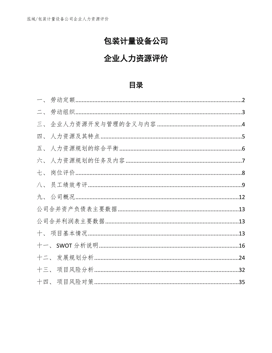 包装计量设备公司企业人力资源评价_第1页