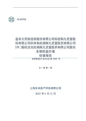 九 芝 堂：上海东洲资产评估有限公司-湖南九芝堂医药有限公司股东全部权益价值估值报告