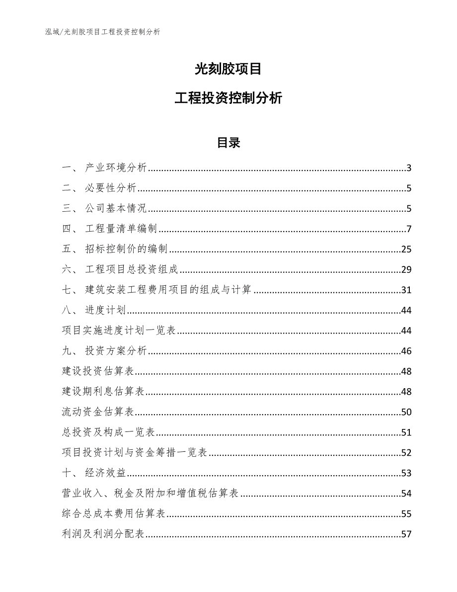 光刻胶项目工程投资控制分析（范文）_第1页