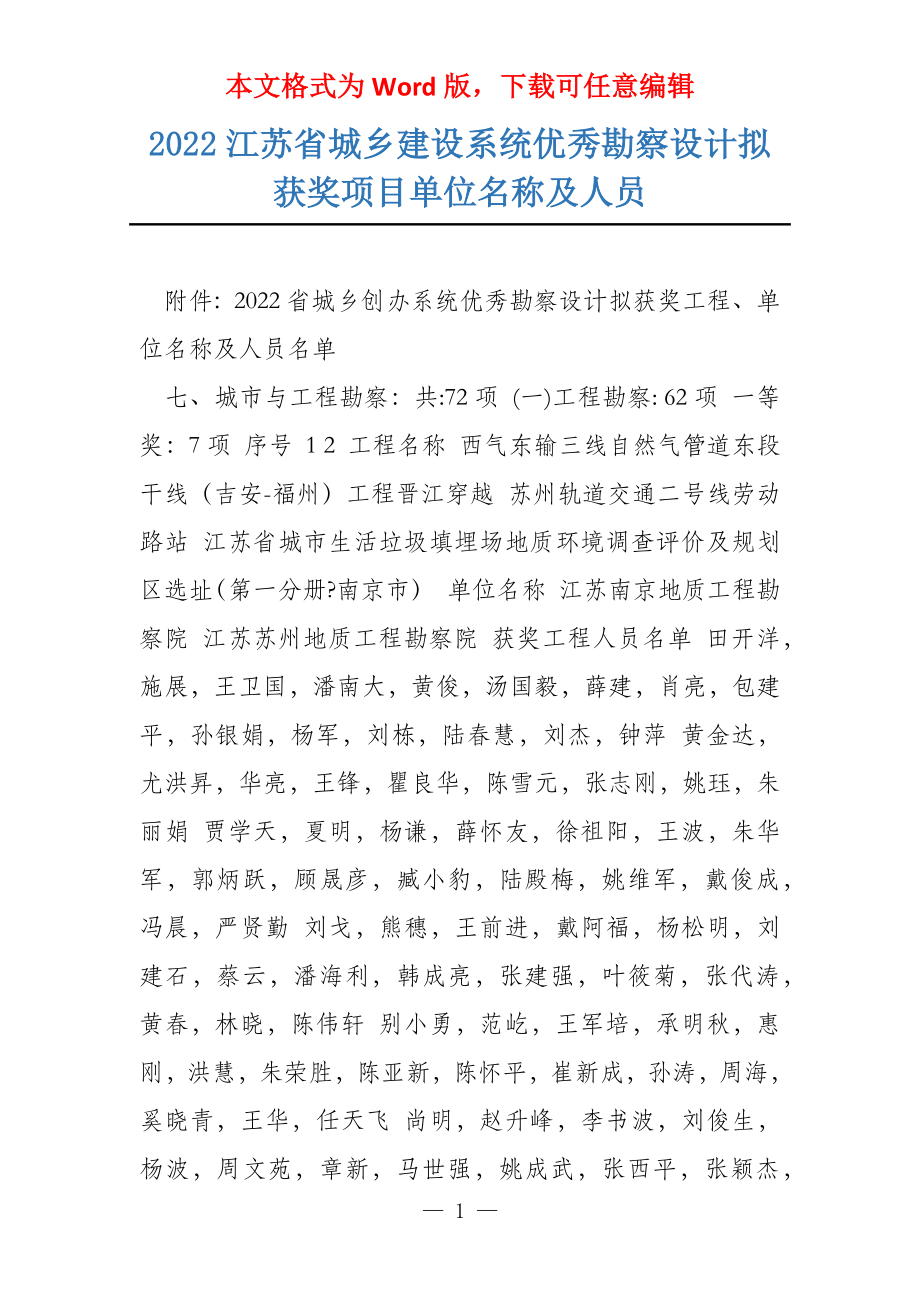 2022江苏省城乡建设系统优秀勘察设计拟获奖项目单位名称及人员_第1页