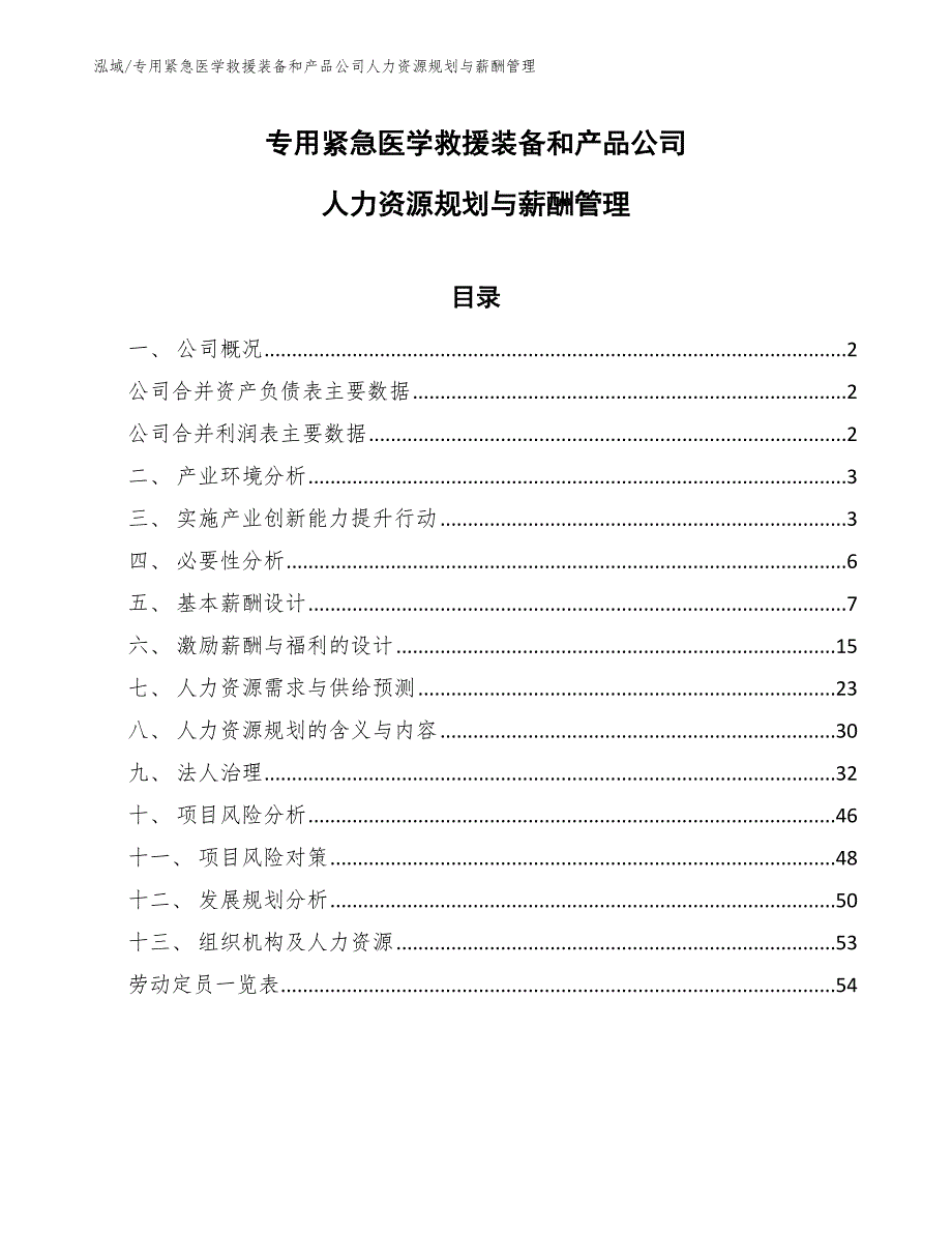 专用紧急医学救援装备和产品公司人力资源规划与薪酬管理_参考_第1页