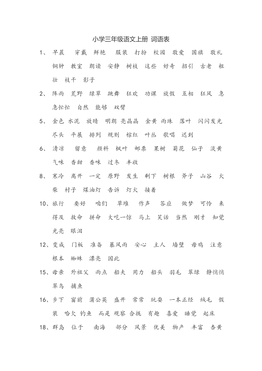 新部编人教版小学三年级语文上册词语表_第1页