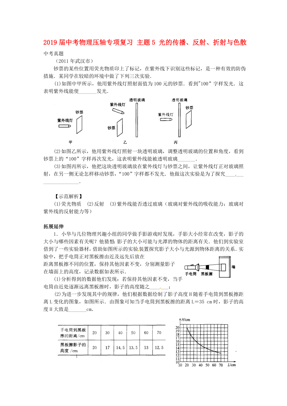 2019届中考物理压轴专项复习-主题5-光的传播、反射、折射与色散_第1页