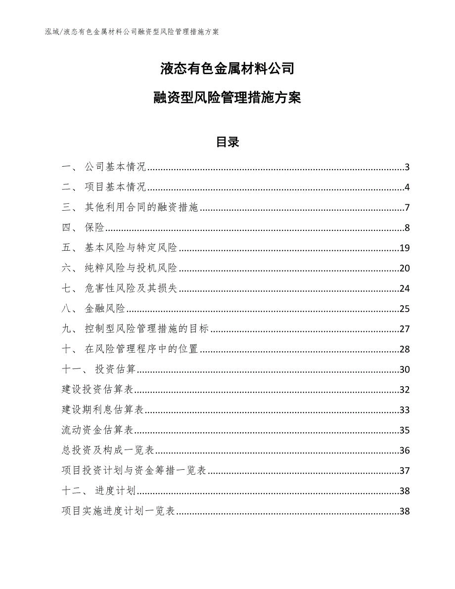 液态有色金属材料公司融资型风险管理措施方案_第1页