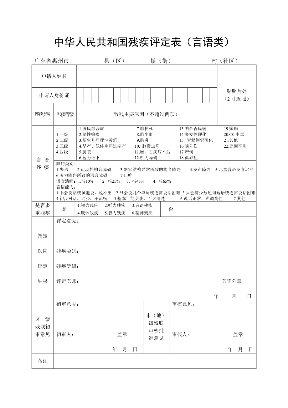 中华人民共和国残疾评定表（言语类）_第1页