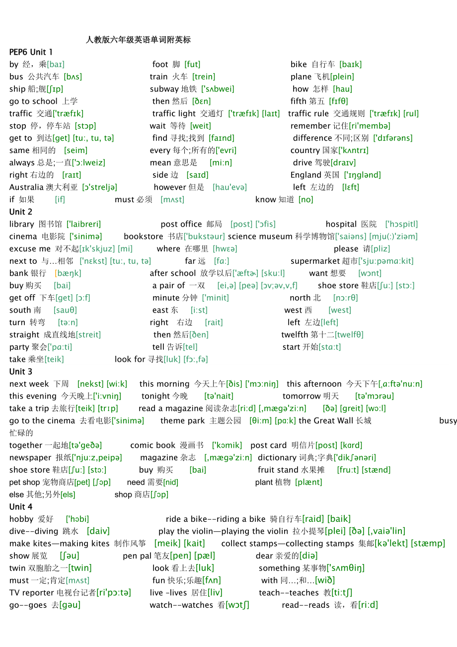 人教版六年级上册单词词汇表以及音标_第1页