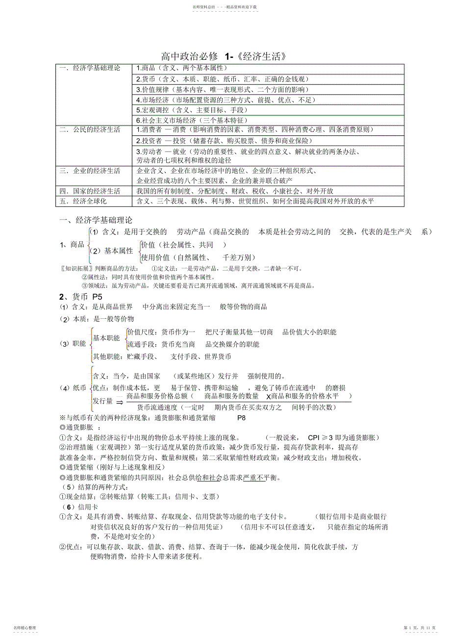 2022年高中政治经济生活知识点人性化总结_第1页