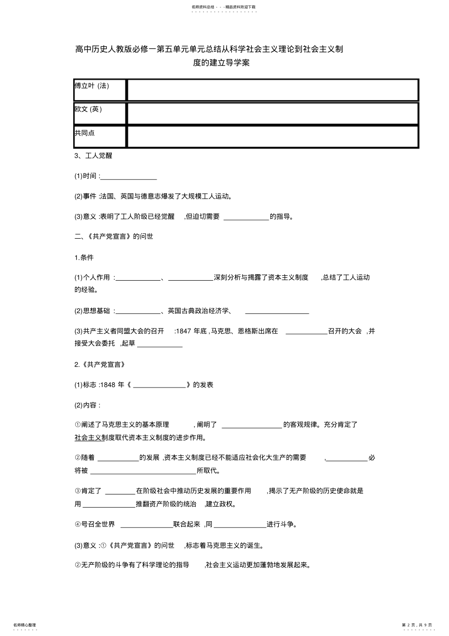 2022年高中历史人教版必修一第五单元单元总结从科学社会主义理论到社会主义制度的建立导学案_第2页