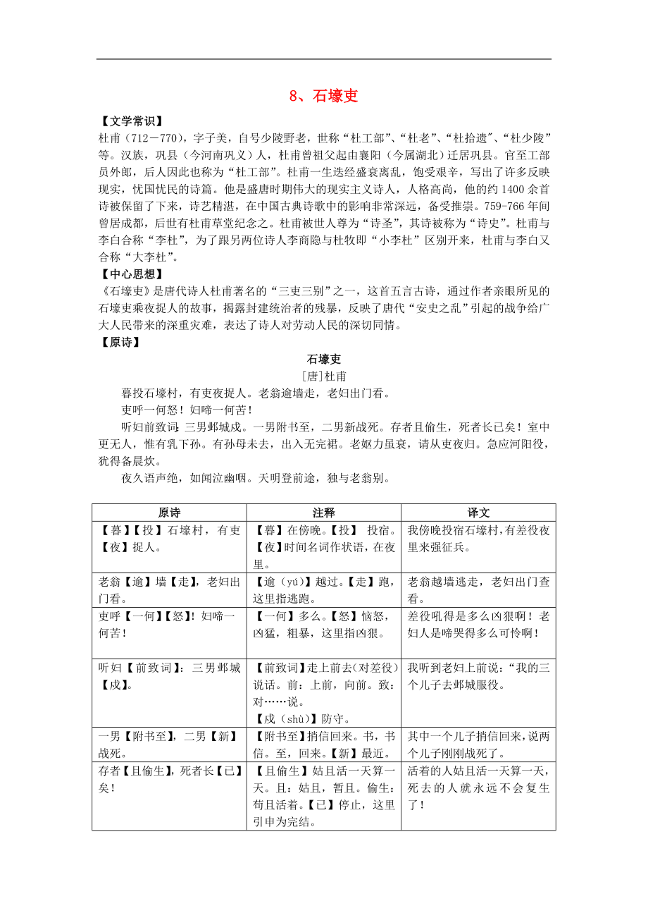 中考语文古诗词一本通练习《8、石壕吏》_第1页