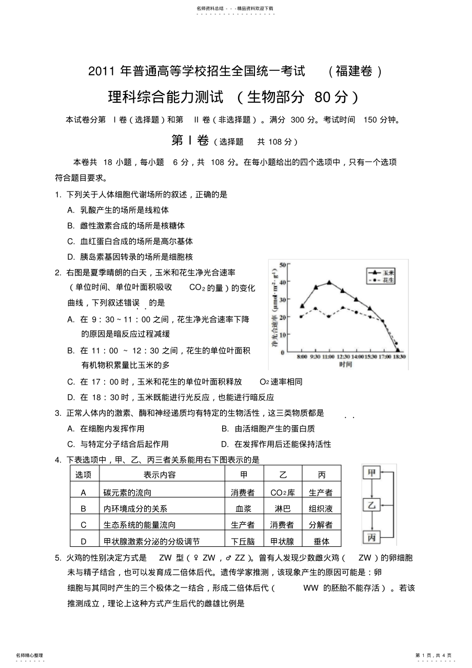 2022年高考理综生物试卷及答案3_第1页