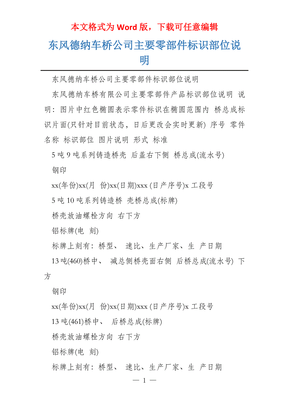 东风德纳车桥公司主要零部件标识部位说明_第1页