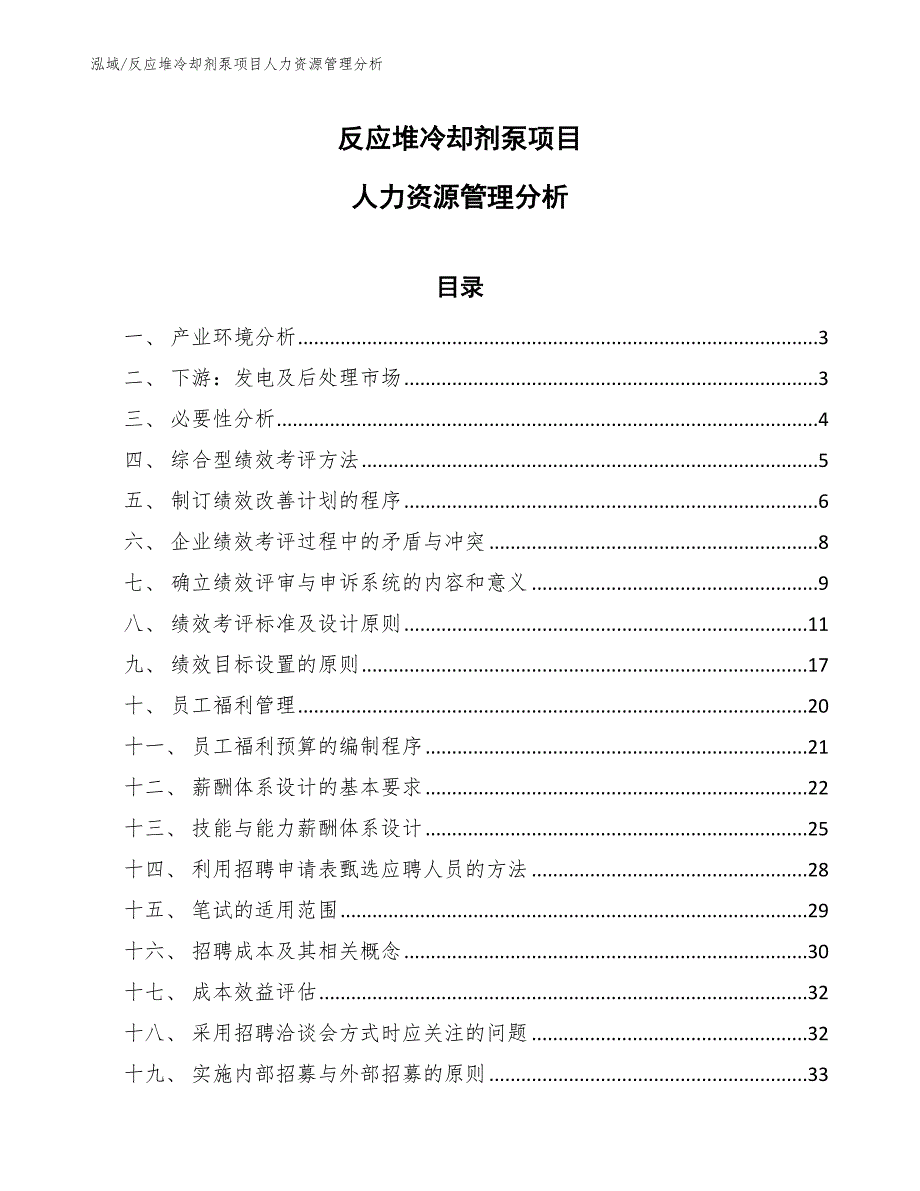 反应堆冷却剂泵项目人力资源管理分析（范文）_第1页