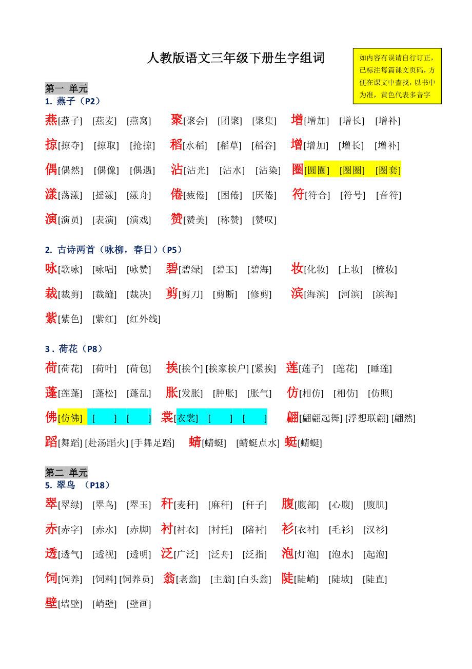 xx年人教版语文三年级下册全部生字组词(1-8单元)OK_第1页