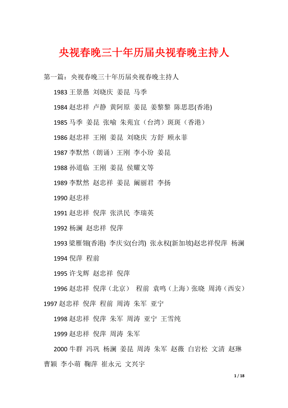 央视春晚三十年历届央视春晚主持人（可编辑）_第1页