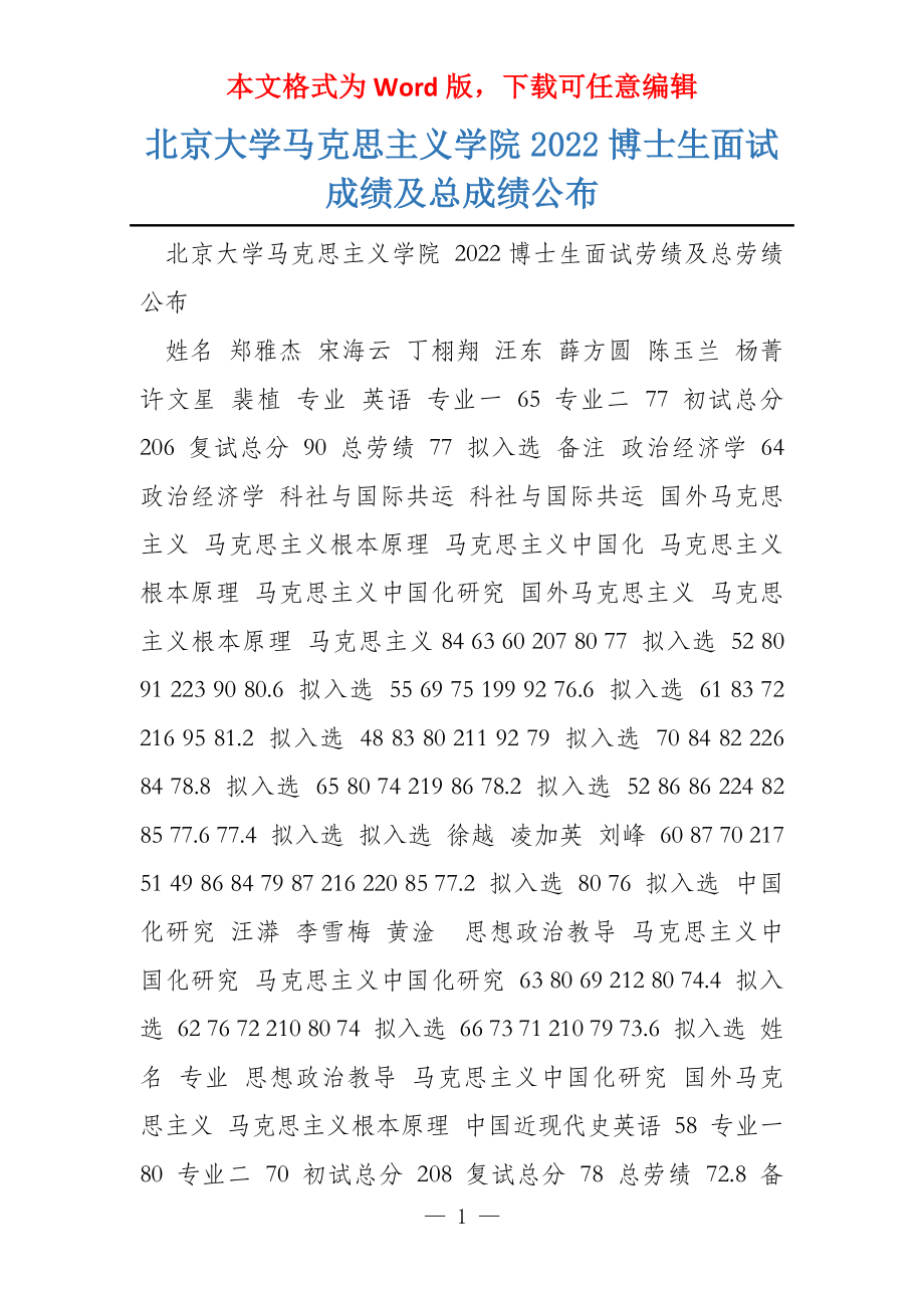 北京大学马克思主义学院2022博士生面试成绩及总成绩公布_第1页