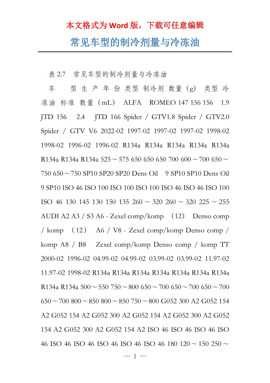 常见车型的制冷剂量与冷冻油_第1页