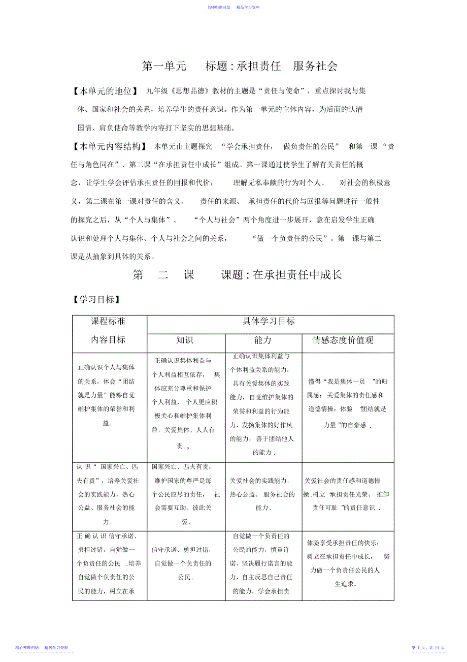 2022年【名师教案】人教版九年级思想品德第二课在承担责任中成长设计教案_第1页