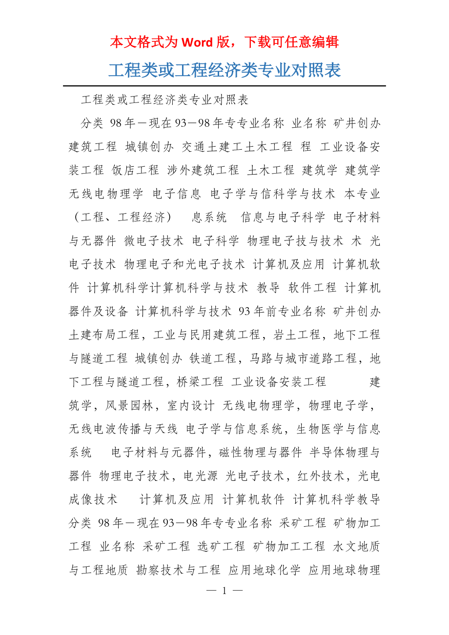 工程类或工程经济类专业对照表_第1页