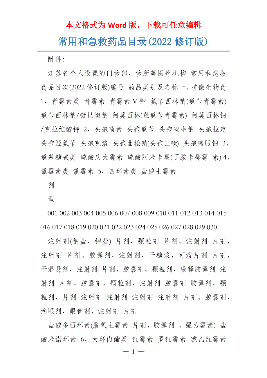 常用和急救药品目录(2022修订版)_第1页
