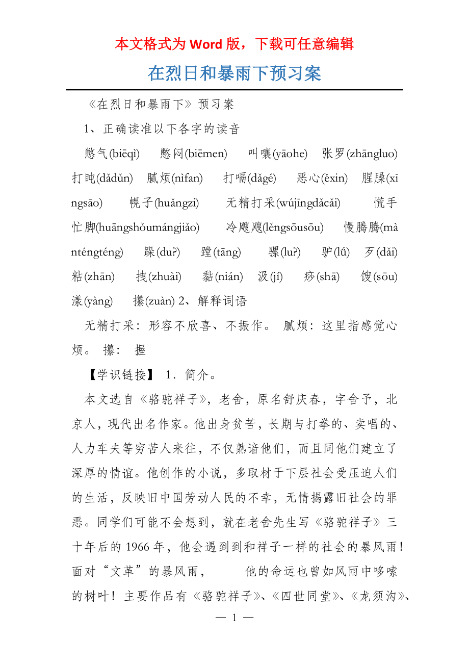 在烈日和暴雨下预习案_第1页