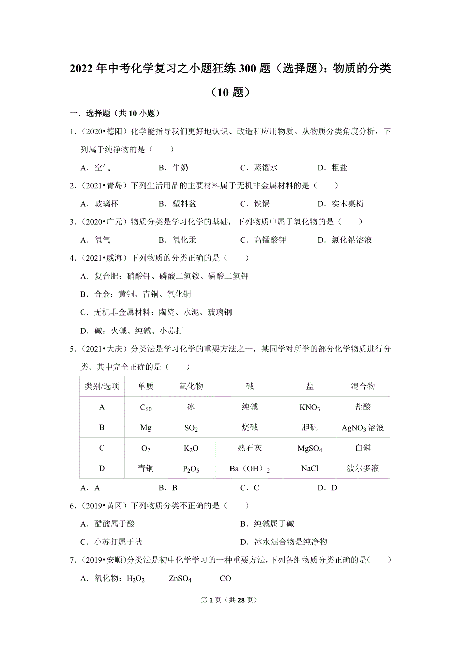 2022年中考化学复习之小题狂练300题（选择题）：物质的分类（10题）_第1页