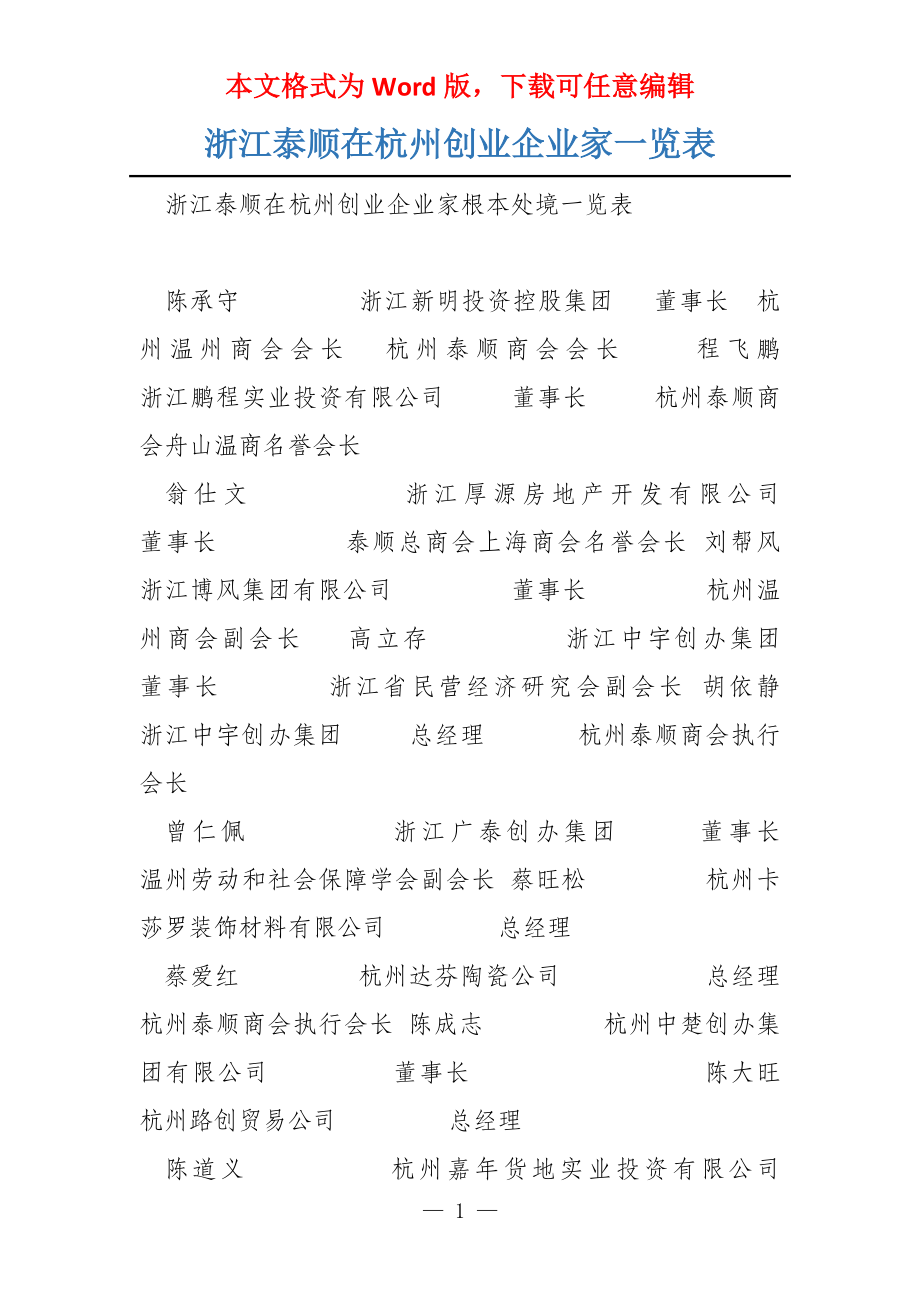 浙江泰顺在杭州创业企业家一览表_第1页