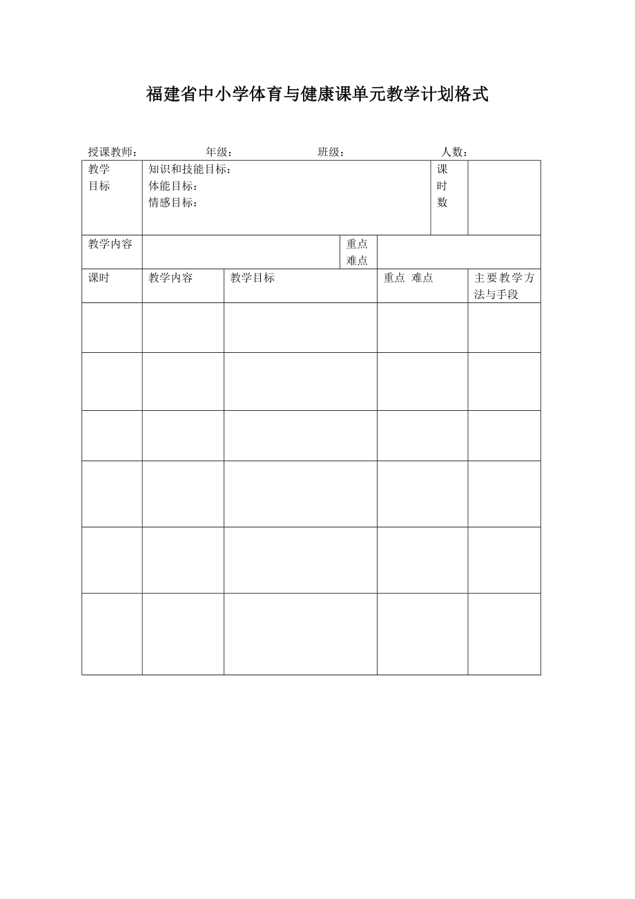 福建省中小学体育与健康课单元教学计划格式_第1页