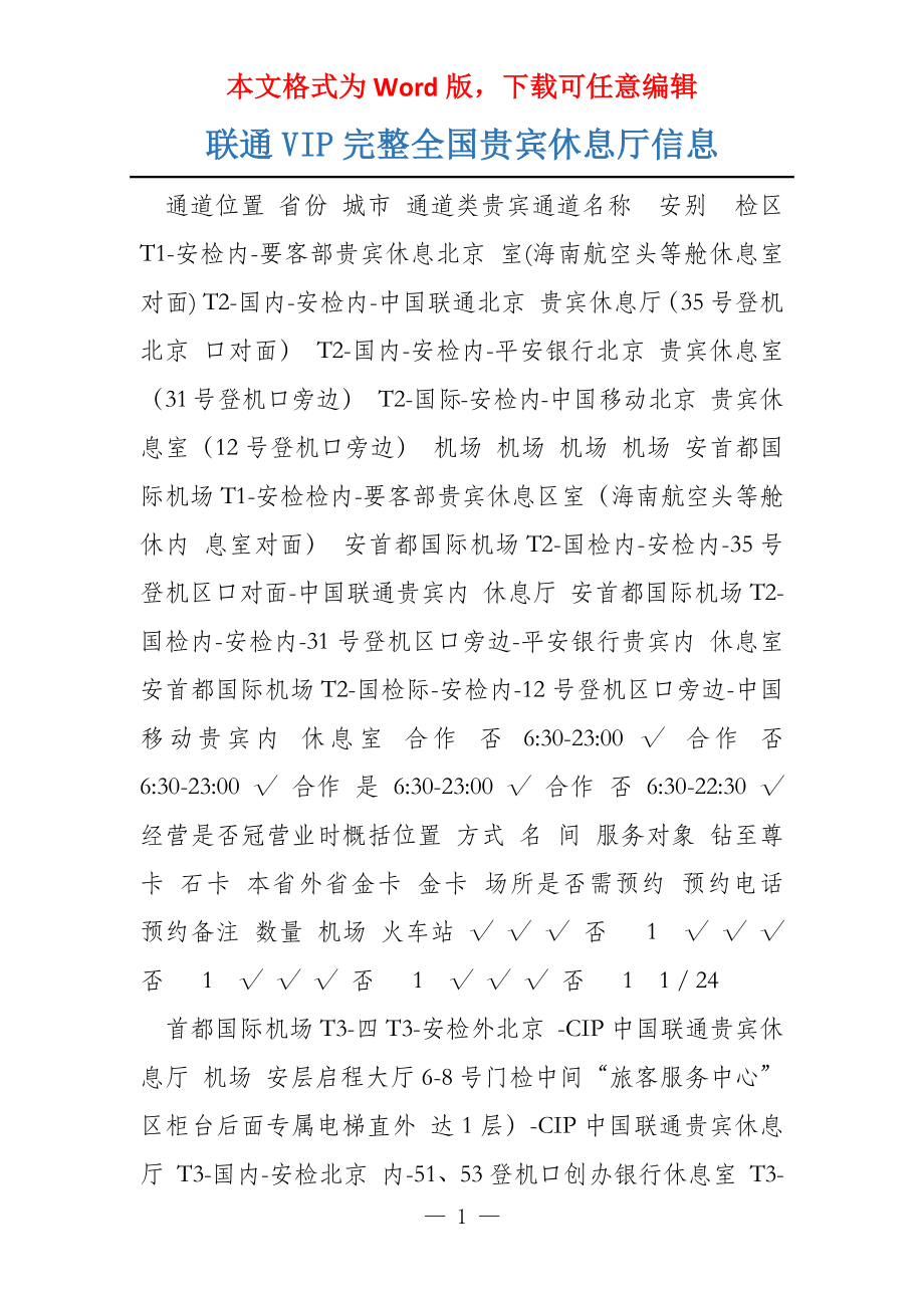 联通VIP完整全国贵宾休息厅信息_第1页