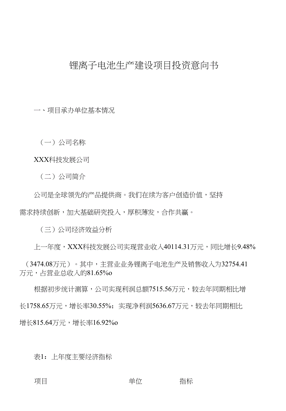 锂离子电池生产建设项目投资意向书_第1页