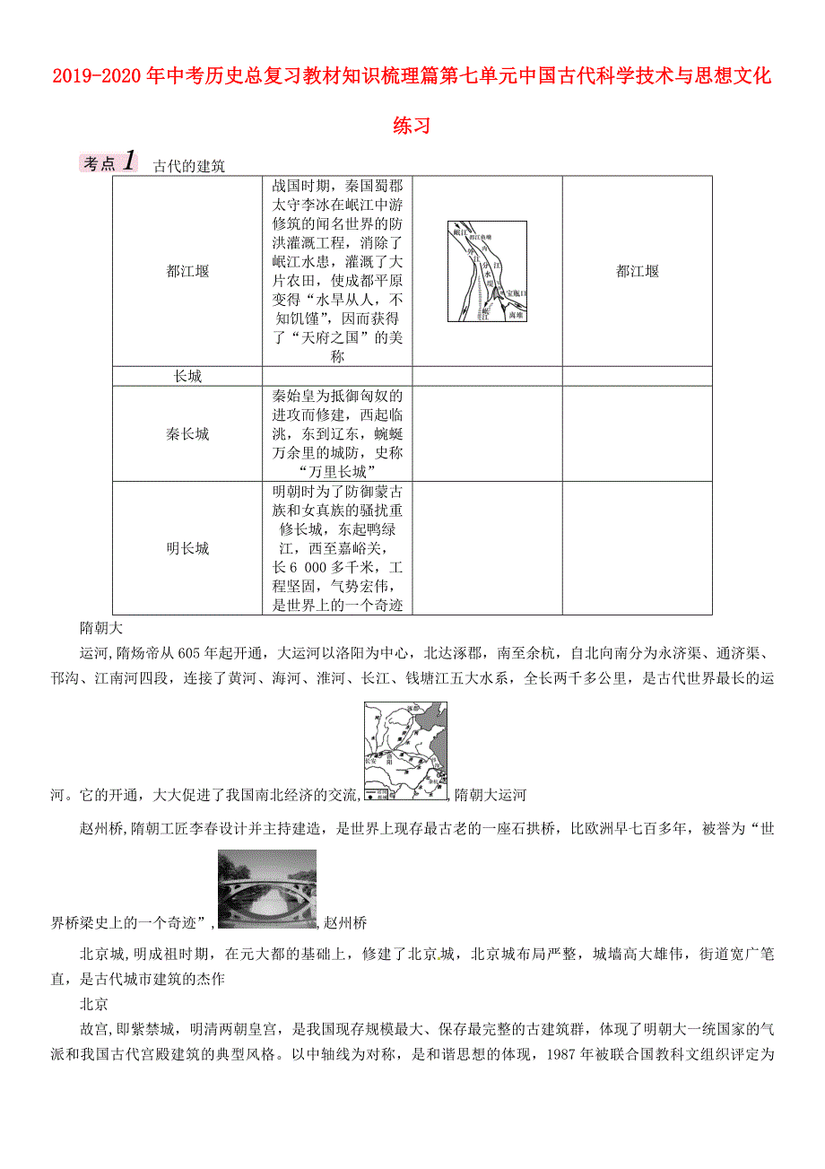 2019-2020年中考历史总复习教材知识梳理篇第七单元中国古代科学技术与思想文化练习_第1页