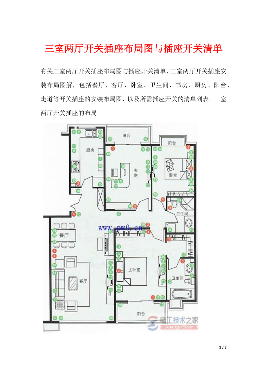 三室两厅开关插座布局图与插座开关清单_第1页