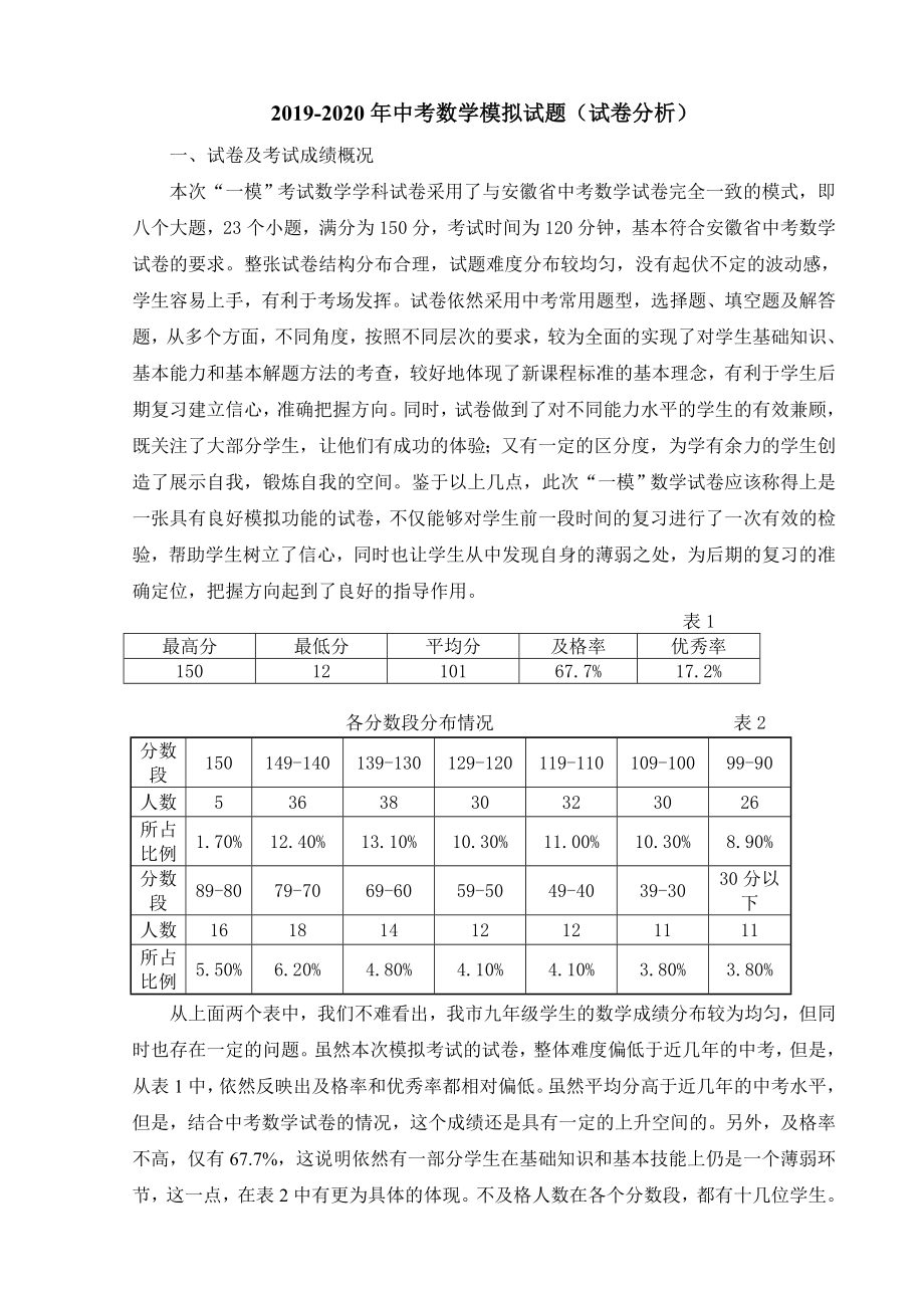 2019-2020年中考数学模拟试题(试卷分析)_第1页