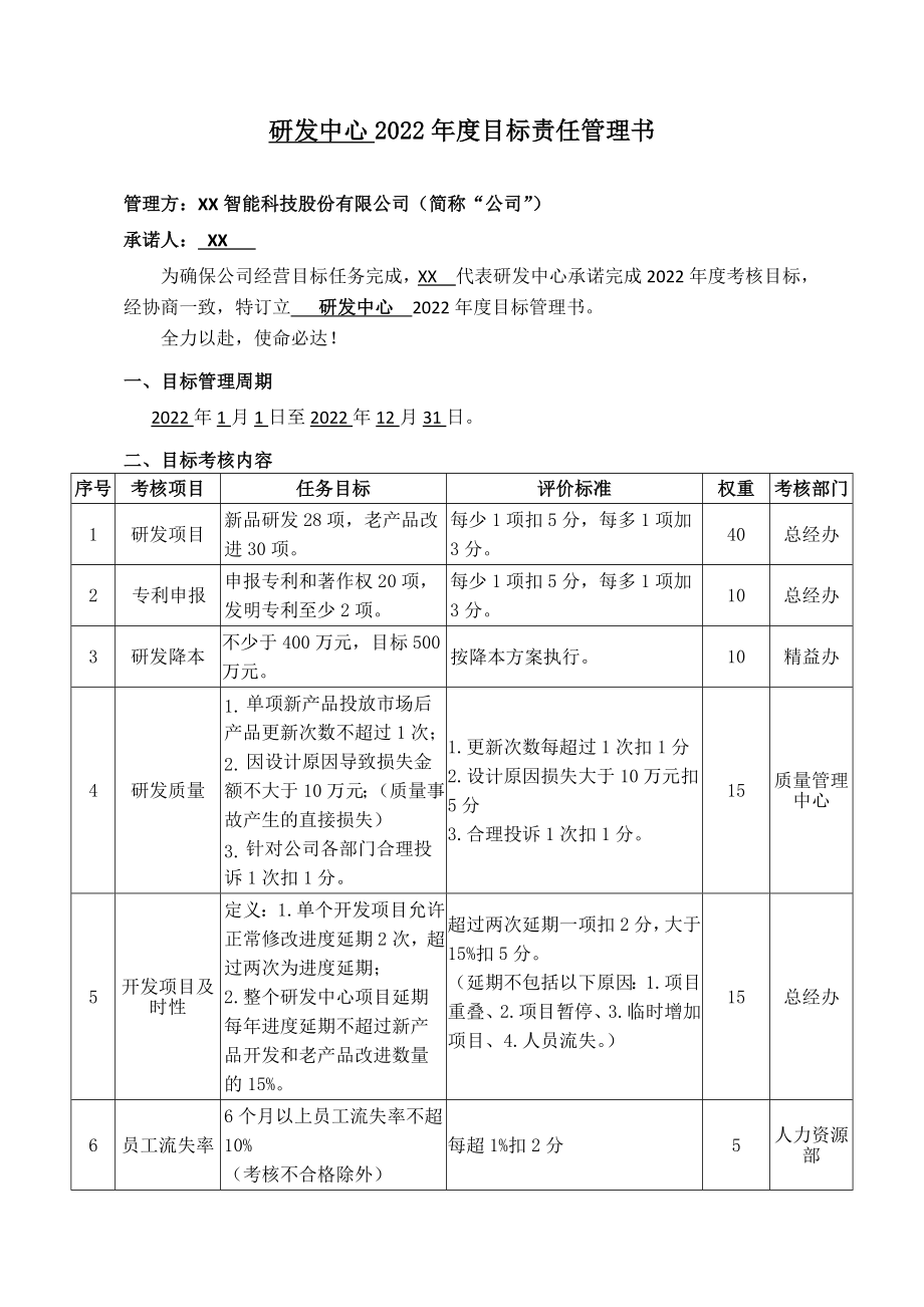 研发中心2022年度目标责任管理书（建议收藏）_第1页